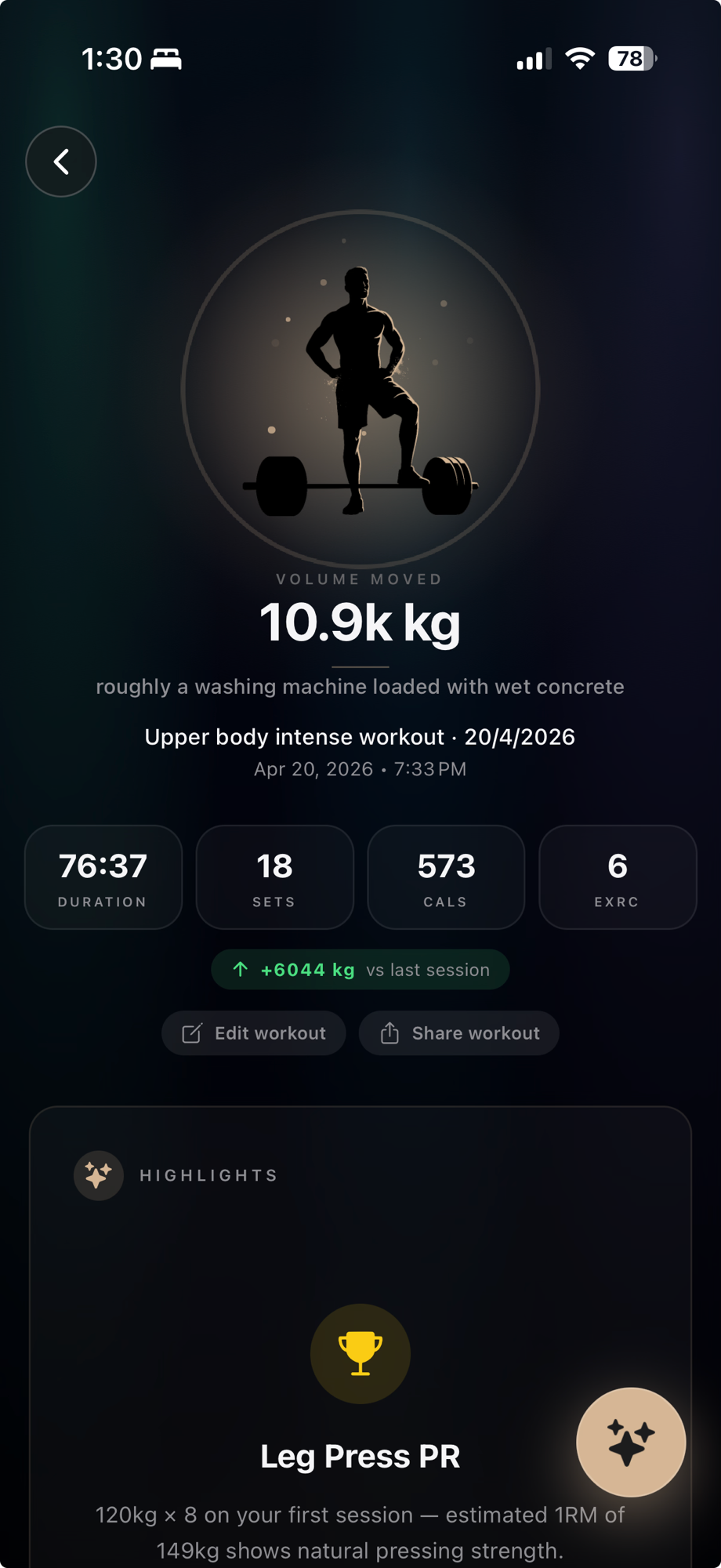 Kōnst app — post-workout summary